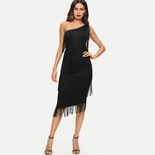 Black Solid Sleeveless Tassel Slim Dress - luxuryandme.com