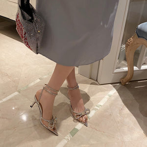 Butterfly-Knot Narrow Band Bling Patchwork Cross-Tied Crystal Pointed Toe Pumps