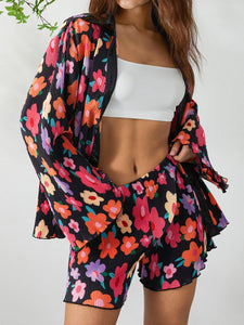 Chic Two-piece matching Floral Pleated Short and Shirt