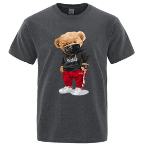 100% Cotton Bear Print Short-sleeved T-shirt male Summer Casual Oversized men Shirt S-XXXL