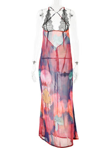 Elegant Floral Lace Bodycon See Through Chiffon Dress