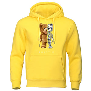 Teddy Bear Robot Hoodie Men Fashion Sweatshirts Fleece Oversized Loose Streetwear