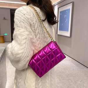 Quilted Shoulder Bags For Women Shiny Handbag Metal Chain