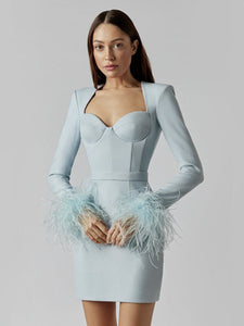Women Elegant Long Sleeve Feathers Bodycon Bandage Dress