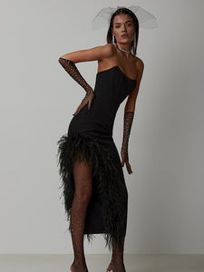 Elegant Strapless Feather Midi Bandage Dress
