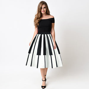 Echoine Women Pleated Skirts Fashion Piano Keyboard Print Ball Gown High Waist Knee Length Casual Women Skirt - luxuryandme.com