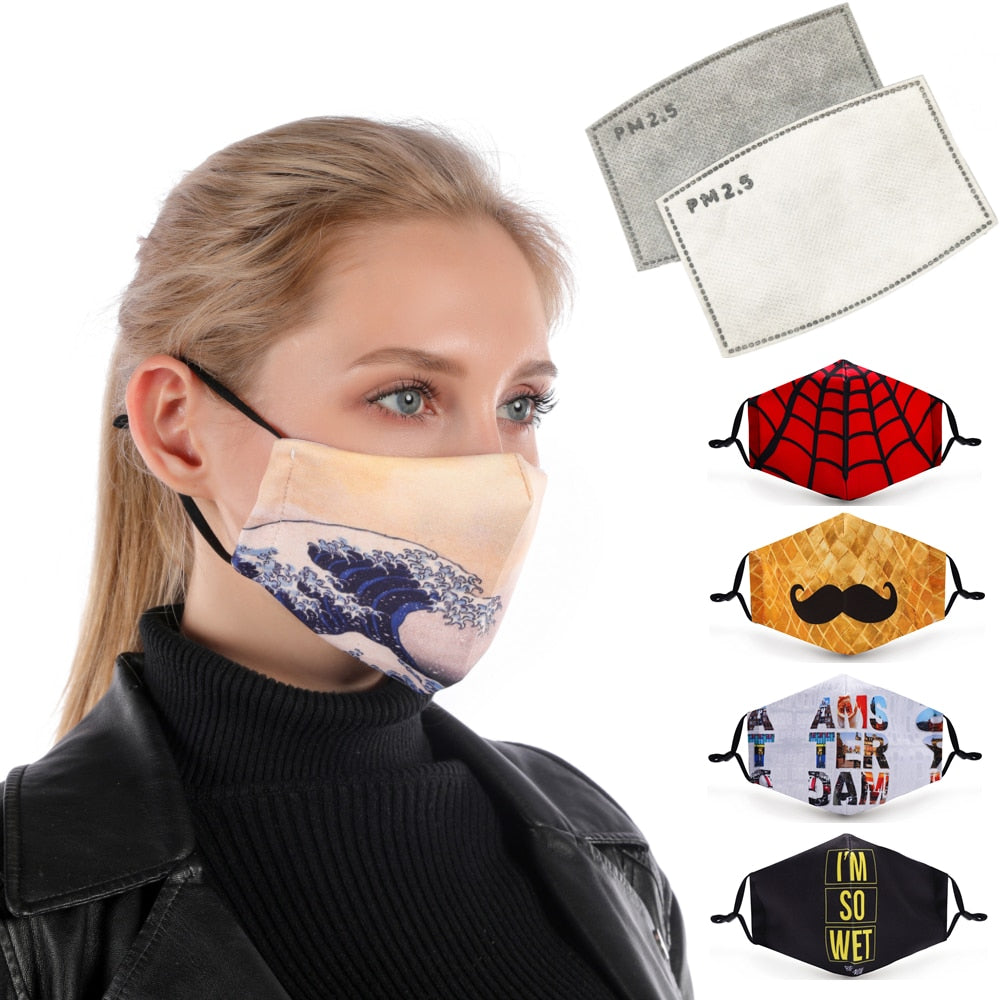 Printed mouth Mask Reusable Protective PM2.5 Filter Paper Mask anti dust Face mask