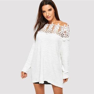 White Floral Lace Insert Sweater