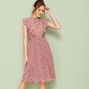 Pink Tie Neck Ruffle Trim Dot Pleated Fit and Flare Empire Dresses
