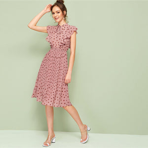 Pink Tie Neck Ruffle Trim Dot Pleated Fit and Flare Empire Dresses