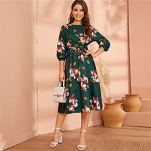 Green Abaya Elastic Waist Belted Floral High Waist Dress