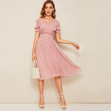 Pink Ruffle Trim Puff Sleeve Shirred Waist Fit and Flare Dress