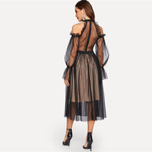 Black Cold Shoulder Lace Yoke Dot Mesh Ruffle Dress