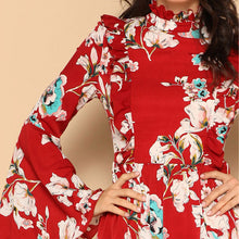 Ruffle Detail Bell Sleeve Red Flower Print Dress