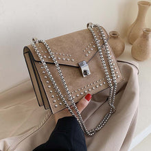 Scrub Leather Chain Rivet Lock Shoulder Bag