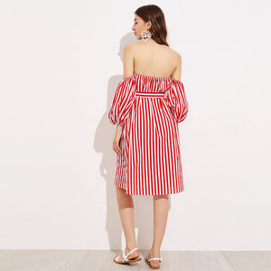 Three Quarter Red and White Striped Off Shoulder Dress - luxuryandme.com
