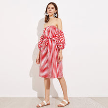 Three Quarter Red and White Striped Off Shoulder Dress - luxuryandme.com