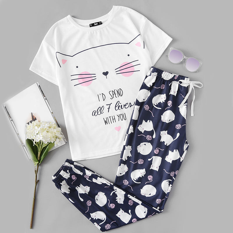 Cat Print White Round Neck Tee and Blue Pants Pyjamas - luxuryandme.com