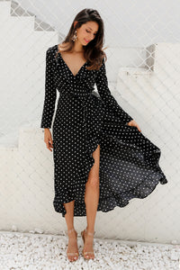 Long sleeve polka dot ruffle wrap dress - luxuryandme.com