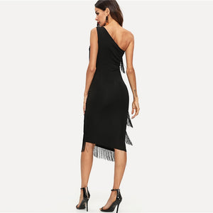 Black Solid Sleeveless Tassel Slim Dress - luxuryandme.com