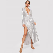 Silver Long Sleeve Deep V Neck Metallic Split Maxi Dress - luxuryandme.com