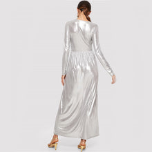Silver Long Sleeve Deep V Neck Metallic Split Maxi Dress - luxuryandme.com