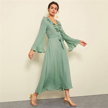 Green Solid Ruffle Trim Dress - luxuryandme.com
