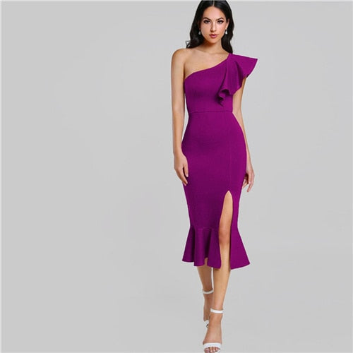 Purple Ruffle One Shoulder Slit Sexy Dress