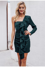 Olive Green Ruffles Satin One Shoulder Dress