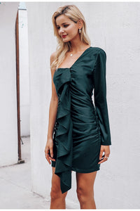 Olive Green Ruffles Satin One Shoulder Dress